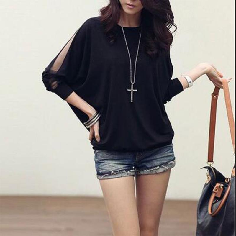 Spring Autumn Round Neck Lace Hollow Out Loose Casual T-shirt Ladies Batwing Long Sleeve All-match Pullover Top Women's Clothing