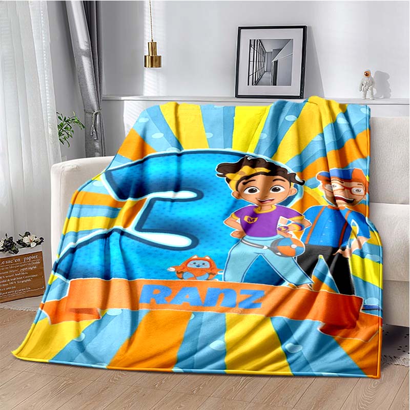 

Cartoon Kids Host Big Face Print Flannel Blanket, Bright Blue & Orange Soft Throw Blanket 80cm x 120cm