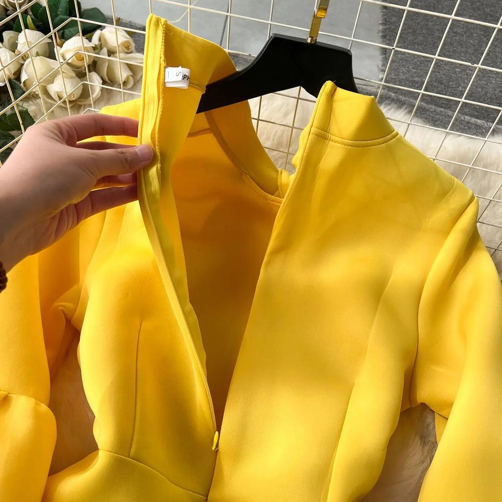 Dámské šaty ve sladkém stylu s mašlí Lucerna s dlouhým rukávem Jednobarevné šaty s vysokým pasem podzim zima 2024 Novinka