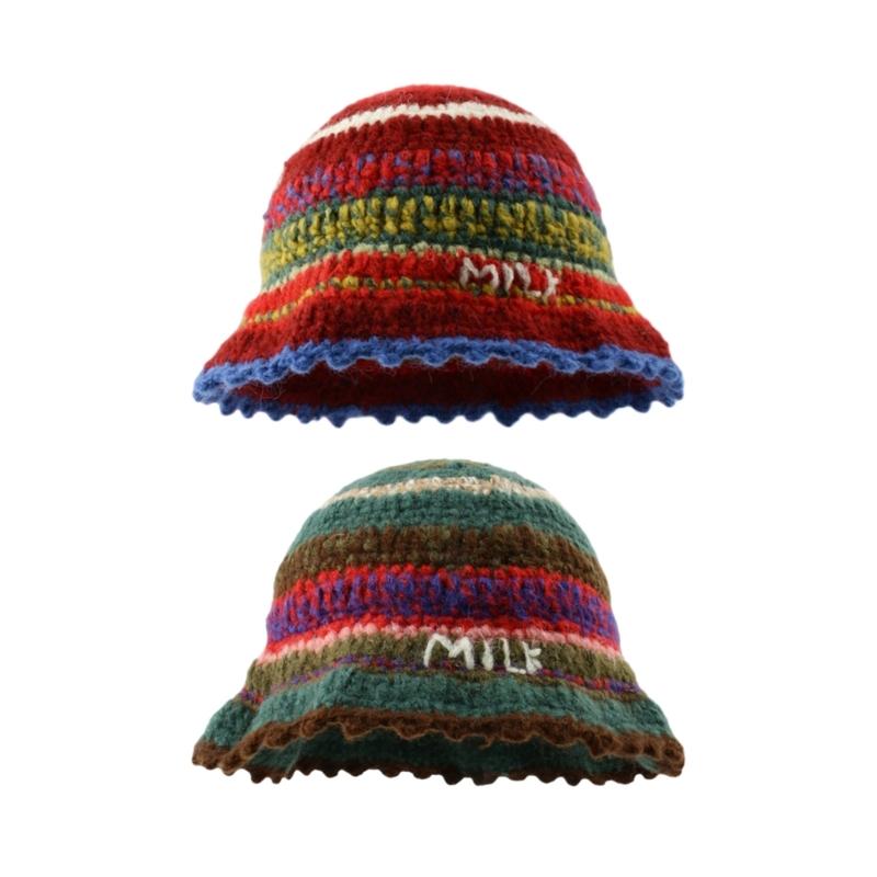 Rainbow Stripe Pattern Crochet Bucket Hat Ladies Commute Camping Fisherman Cap with Stripe Pattern for Girlfriend