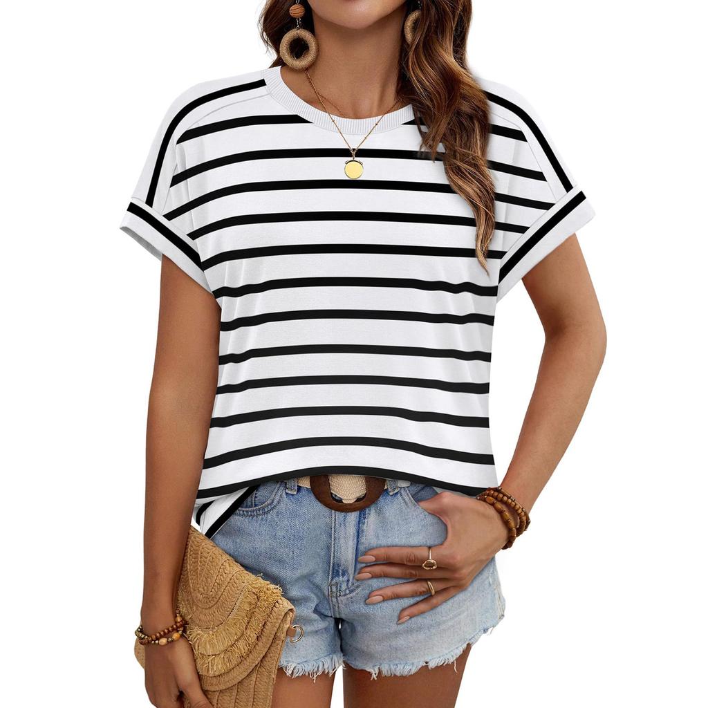 Women's Casual Short Sleeve Striped T Shirt Crew Neck Loose Fit Lightweight Summer Top for Everyday Wear