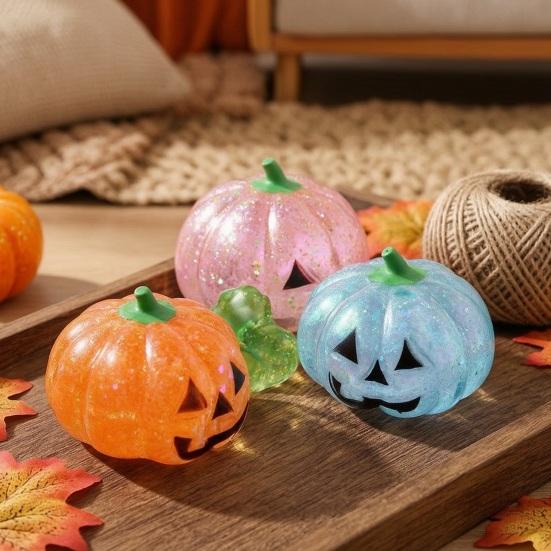 Slow Rebound Pumpkin Toys 1/4Pcs Halloween Stress Relief Toy, Smiling Head Squeeze Toy Clear Glitter Office Desk for Relieve Anxiety