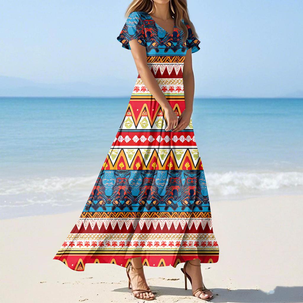 Kadın Yaz Günlük Moda Baskılı Renkli Elbiseler V Yaka Kısa Kollu Elbiseler