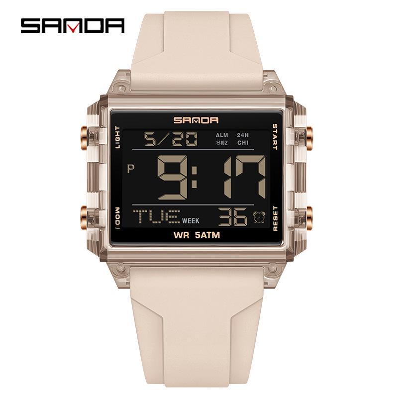 Sanda Waterproof Luminous Sports Watch: Square, Transparent Timer for Students