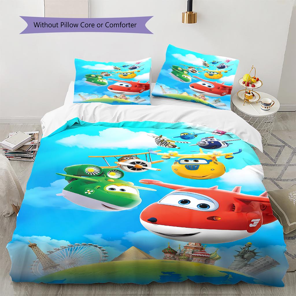 Super Wings Vzor Povlečení Sada Prošívaných Dek Quilt Cover Povlak na Polštář Domácí Dekorace Dárek (1 * povlak na peřinu + 2 * povlak na polštář, bez jádra)
