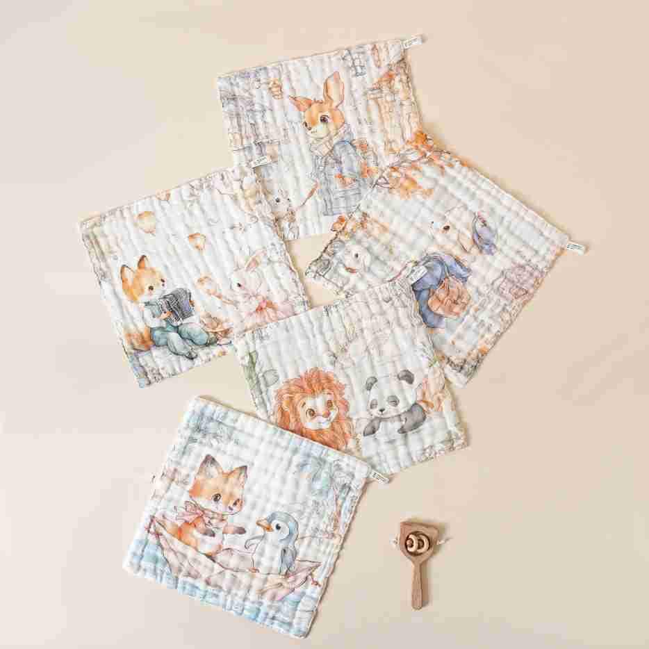 Cartoon Print Soft Cotton Baby Towel & Bib Set - Six-Layer Breathable Gauze 28x28 cm