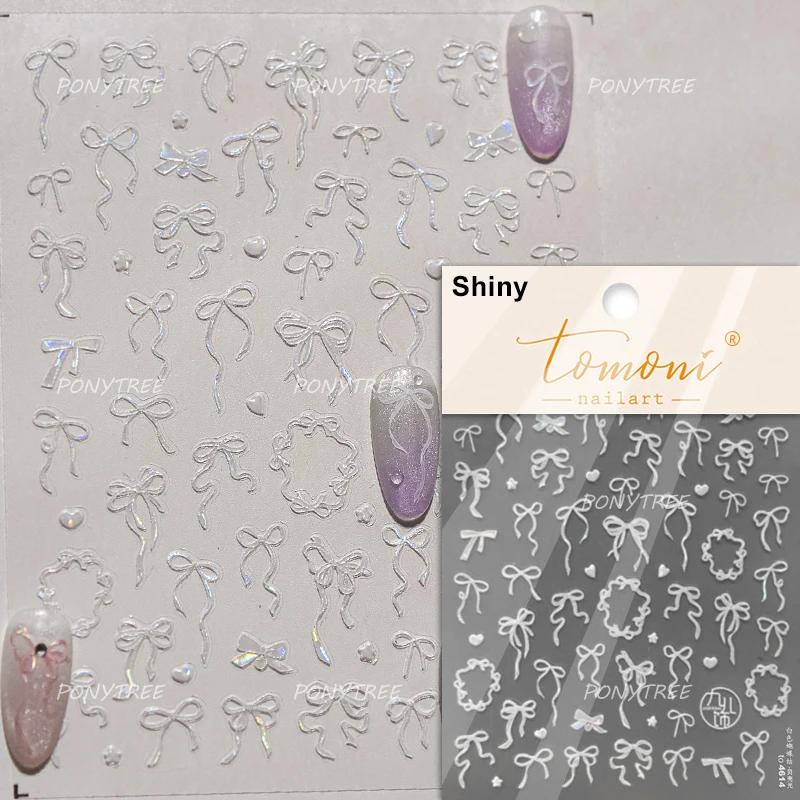 Shiny Polarized White Ribbon Bowknot Stars Tassel 3D Self Adhesive Nail Art Stickers Lovely Bow 5D Embossed Manicure Decals