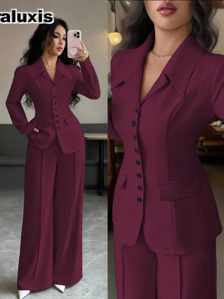 Autunno Elegante Collo Alto Manica Lunga Vestibilità Larga Gamba Dritta Pantaloni Set Due Pezzi Donna