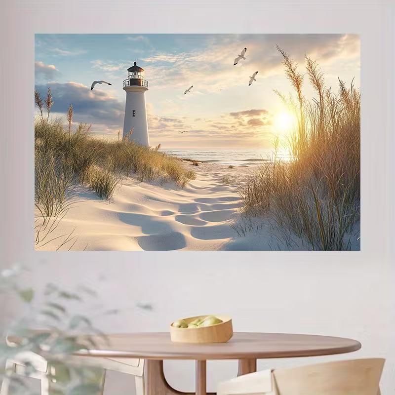 2D Flat Coastal Banner, Seagulls & Sand Dunes Background Cloth for Photoshoot