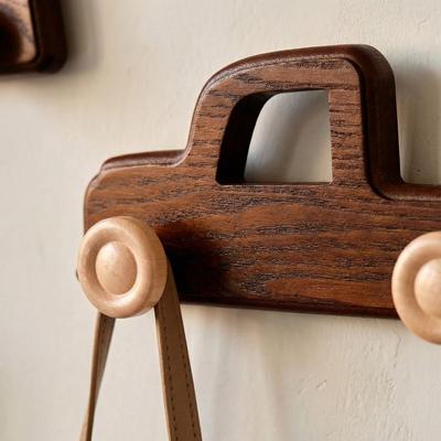 Multi-functional Wall Mounted Car Shaped Hooks Wooden Cartoon Wall Decorative Hook Free Punching Vintage Style Bag Hook Bedroom