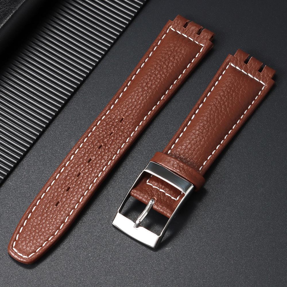 Wristband 17mm for Swatch Watch Strap Genuine Cowhide Leather Bracelet Men Women Business Black Buckle Replacement Watchband