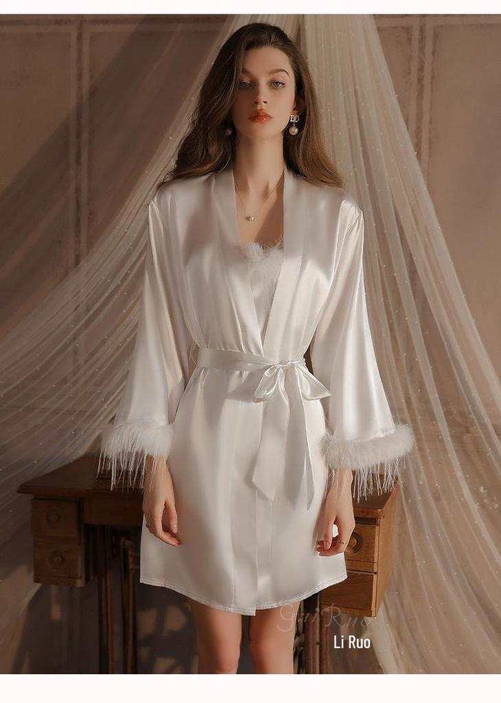 Rose Pure Temptation Plus Size Feathered Camisole Nightgown & Robe Set for Women