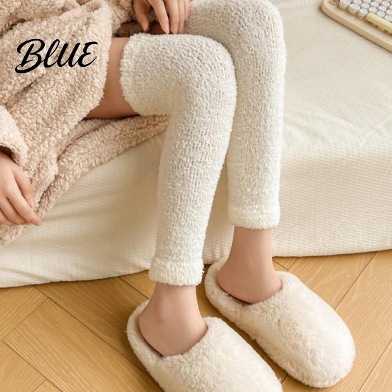 Warm Leg Sleeves for Sleeping Coral Fleece Warmers Women Thickened Winter Thermal Knee High Indoor Cold Weather Socks Striped/Solid Color,