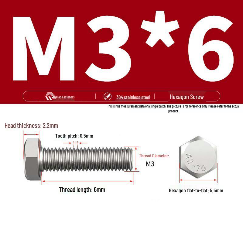 Hex Head Bolts M3/M4/M5/M, 304 Stainless Steel, Full Thread