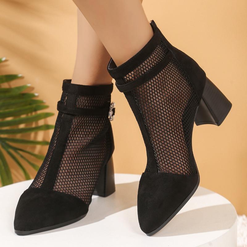 Fashion Pointed Toe Sandals for Women Spring and Autumn New Pointed Toe Genuine Leather High Top Thick High Heel Mesh Hollow Sandals