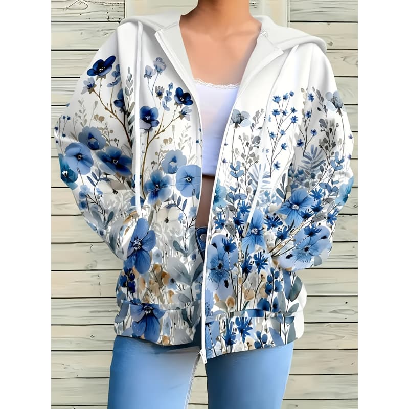 Women's 3D Printed Zipper Hooded Sweatshirt, Long Sleeves, Casual Sport Style
