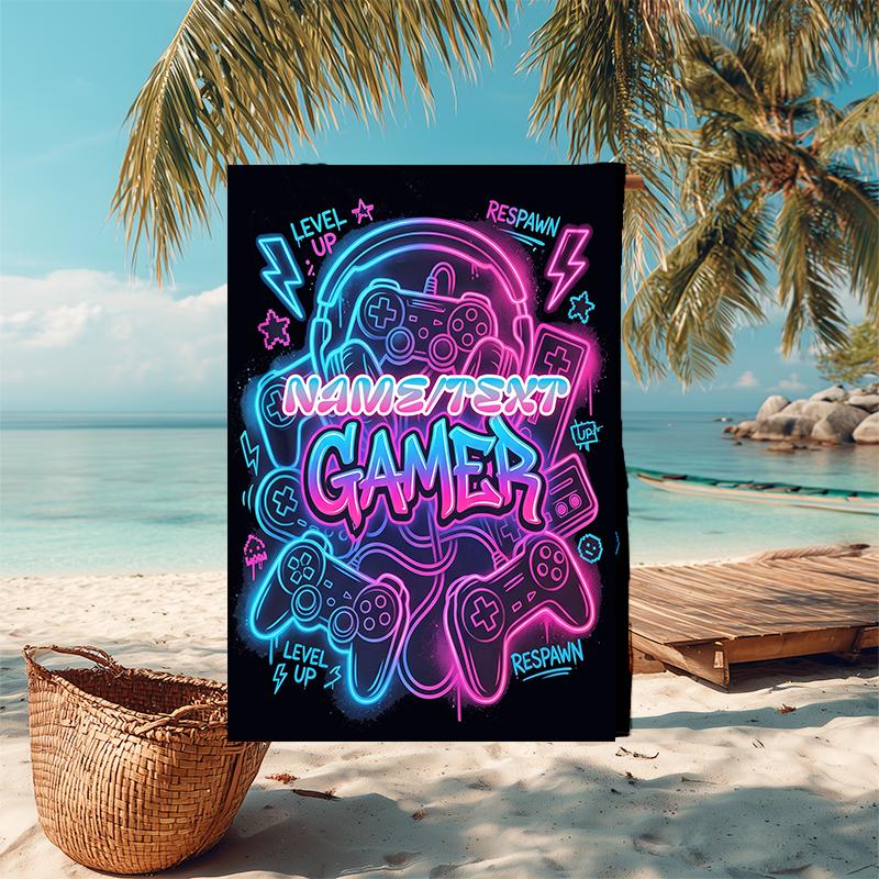1PC Custom Name Neon Gamer Vibes Beach Towel Highly Absorbent And Sand-Resistant Towel for Swimming, Pool, Yoga, And Travel Lightweight
