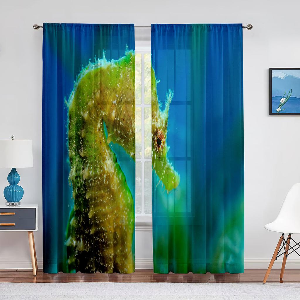 Ocean Seahorse Blue Sheer Voile Curtain Underwater Marine Life Window Tulle Curtains for Living Room Bedroom Kitchen Decoration