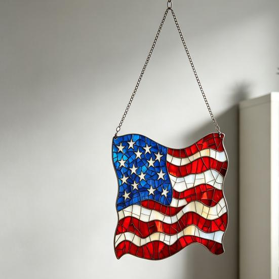 4th of July Suncatcher for Window Hanging Acrylic Stained Glass Heart/Eagle Ornament Patriotic Red White Blue Sun Catcher Panel for Memorial Day Decor