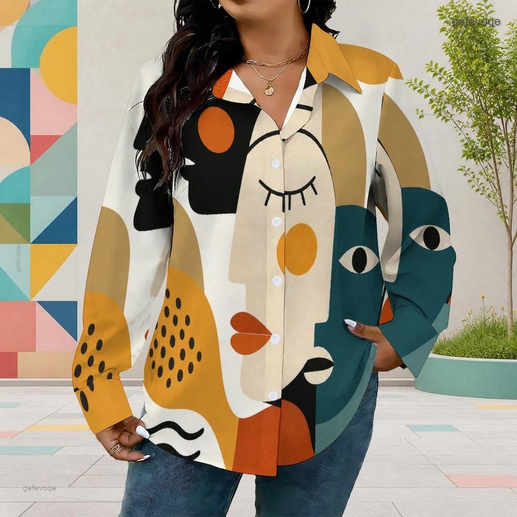 Women Plus Size Collared Long Sleeve Abstract Leaf Printed Button Front Shirt