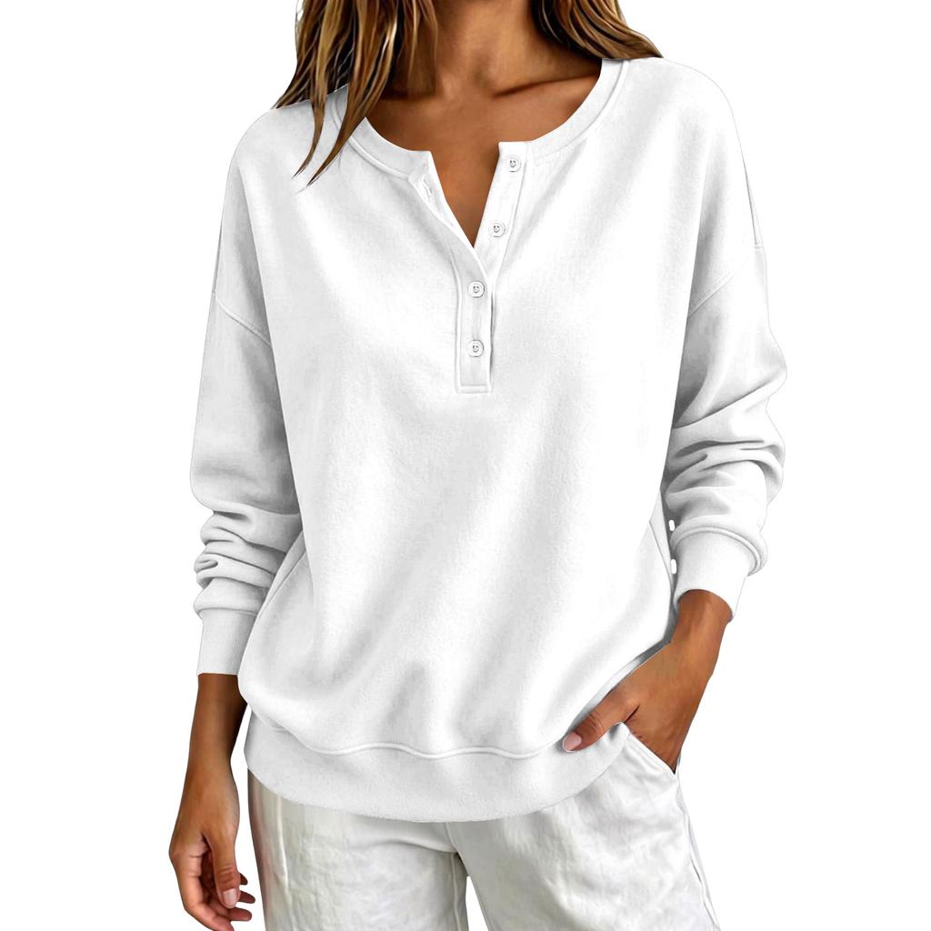 Women's V-Neck Button Pullover Sweatshirt Loose Fit Long Sleeve Casual Top