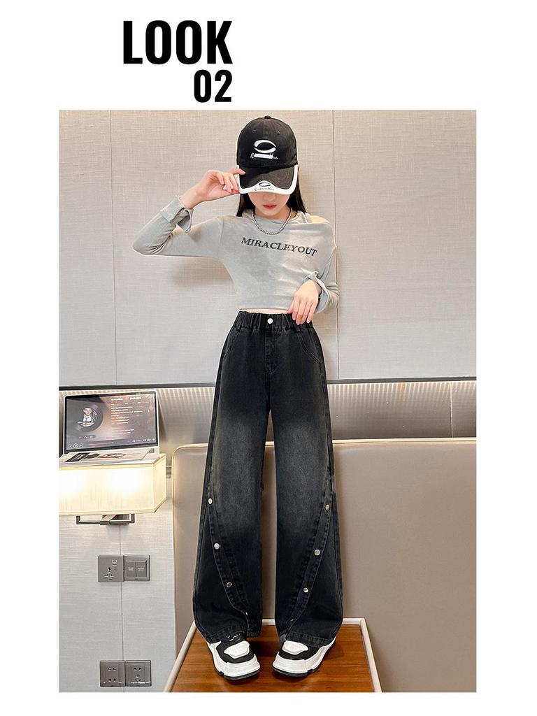Girls' Wide-Leg Denim Pants, Loose Fit Casual Trousers for Spring and Autumn 2025
