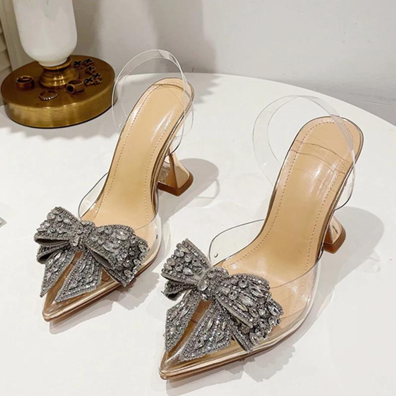 Fashion Fashion Crystal Sequined Bowknot Women Pumps Sexy Pointed Toe High Heels Wedding Prom Shoes Ladies PVC Transparent Sandals