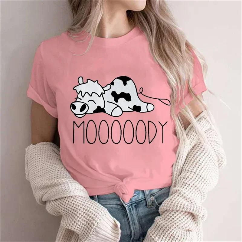 Moooody Cow Kawaii T Shirts Women's Summer Funny T-Shirts Lazy Cow Animal Tees Short Sleeve Clothes Summer Coolness Style Tshirt