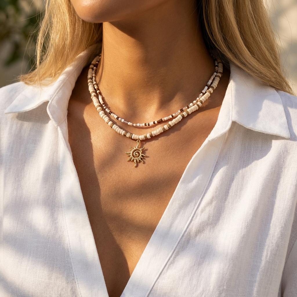 Boho Layered Sun Pendant Necklace for Women Trend Colorful Heishi Surfer Wooden Beads Choker Summer Beach Jewelry Gift