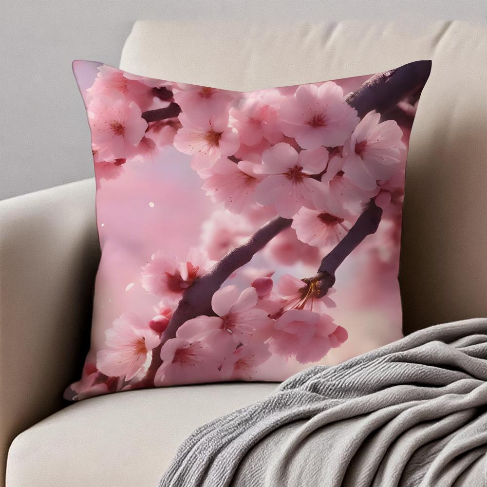 Beautiful Cherry Blossoms Cushion Cover Pillowcase Antidustmite Invisible Zipper Short Plush Sofa Cushion