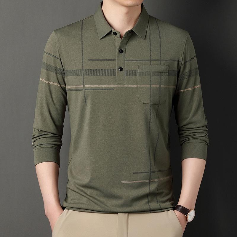 New Dad Wear Men's Lead Long-Sleeved T-shirt Men's Real Pocket Top Striped Men's Polo Shirt with Pockets