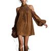 2025 European & American Suede Off-Shoulder Mini Dress with High Neck and Lantern Sleeves