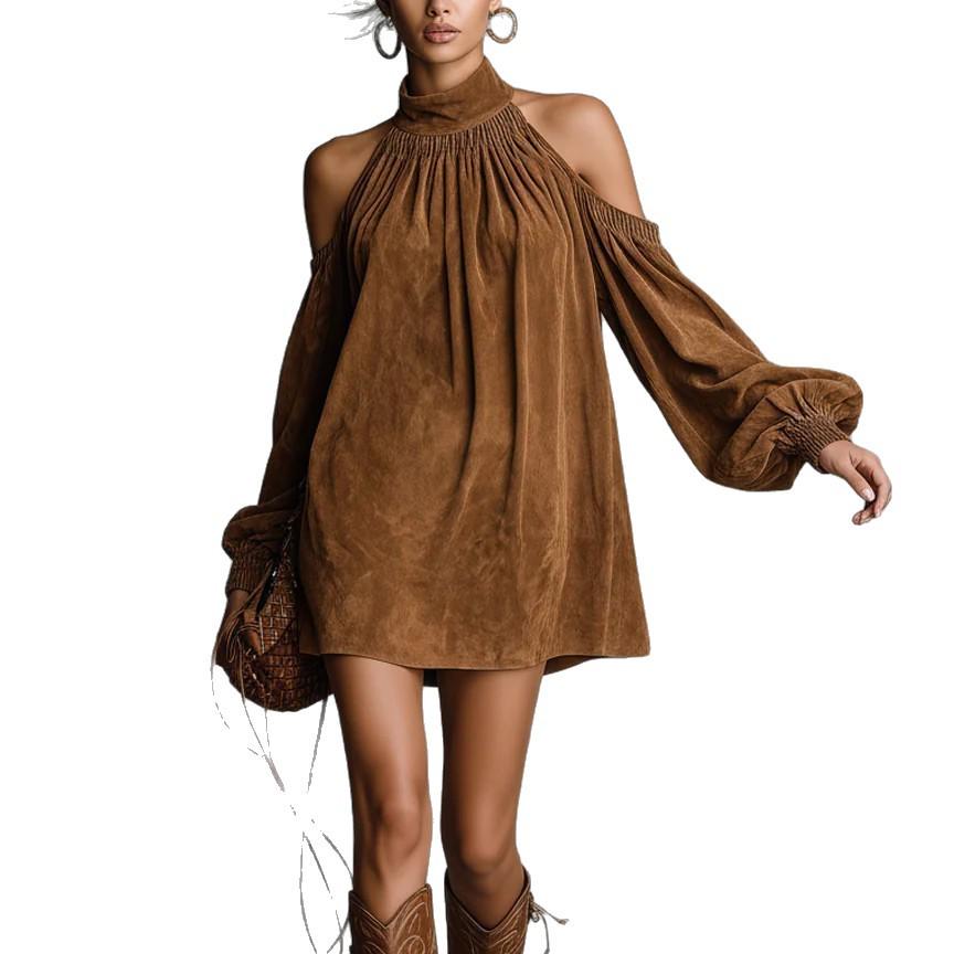 2025 European & American Suede Off-Shoulder Mini Dress with High Neck and Lantern Sleeves