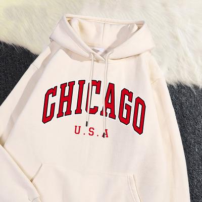 Damska bluza z kapturem Casual Chicago Usa Nadruk graficzny z literami miasta Pulower Polar Wygodna Kieszeń Bluza Jesień Streetwear