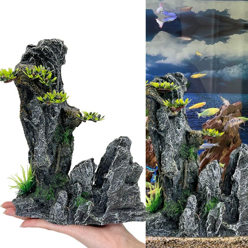 Aquarium Decoration Set: Artificial Rockery, Stone, Grass, and Resin Ornaments with Aquatic Plants for Landscaping