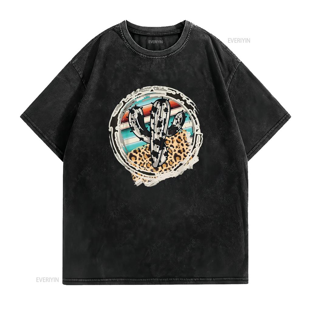 Leopard Cow Pattern Cactus Serape Print Cowgirl Ro Trendy T Shirt for Women Stylish and Comfortable Vintage Washed Graphic