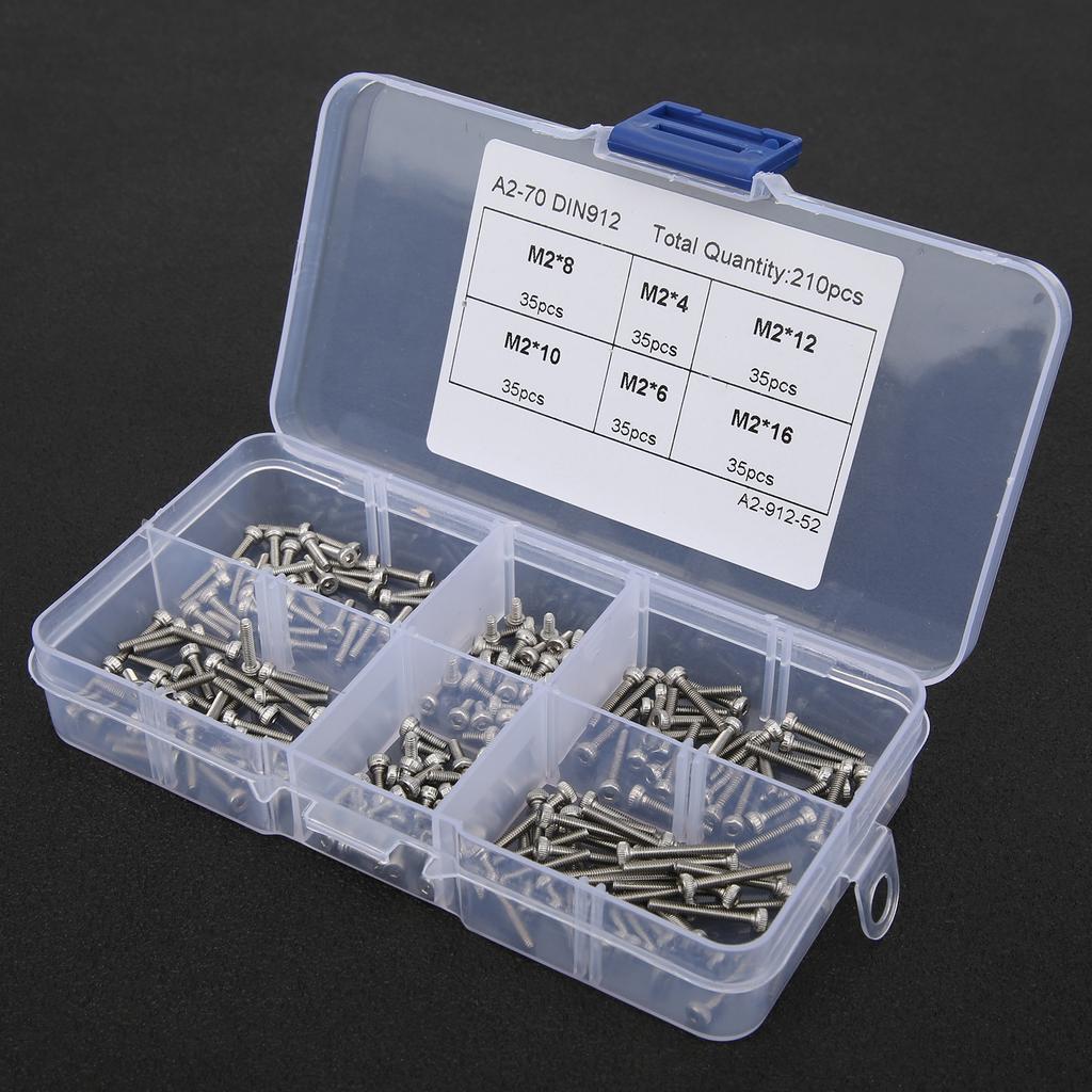 210Pcs Hex Socket Cap Head Screw 304 Stainless Steel Hardware Accessories Boxed Set M2