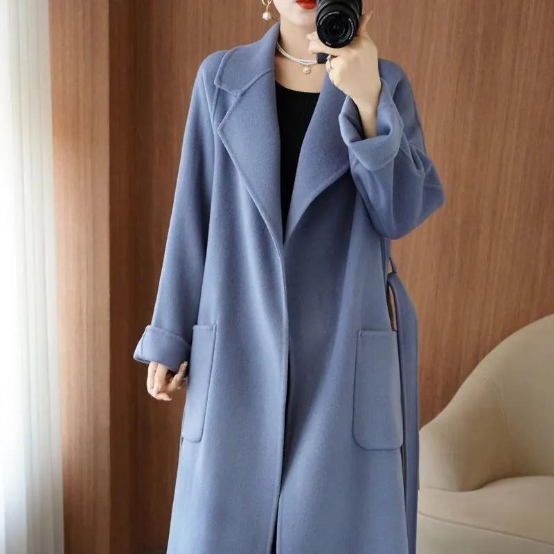 Herbst und Winter Doppelseitiger Woll-Doppelseitiger Kaschmir-Mantel Damen Winter Mittellang Locker Taschen Wolljacke Damen Übermantel L blau