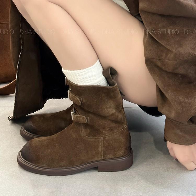 Sheepskin Version~ Retro Polished Belt Buckle Western Cowboy Boots Slim Short Boots Women's Maillard Martin Boots Locomotive Boots