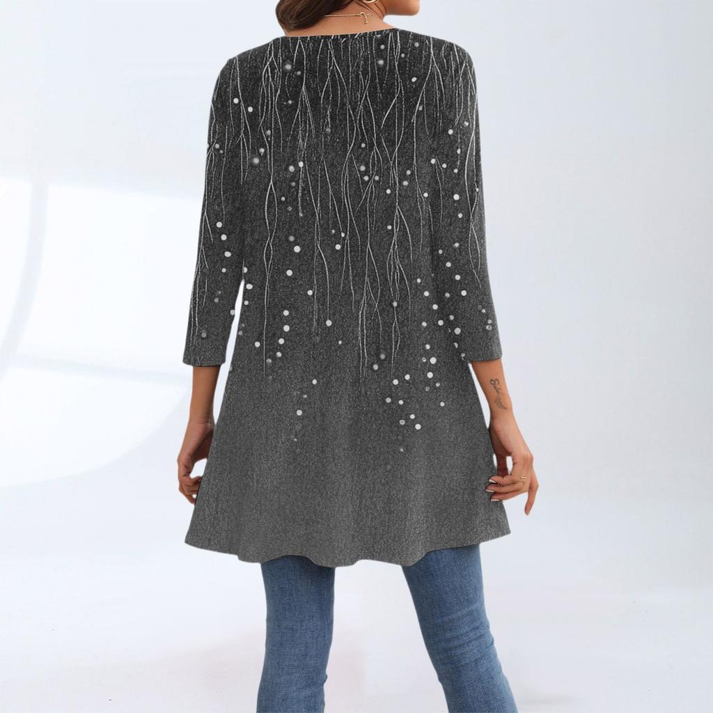 Damenmode Lässig Dreiviertelärmel Lang Blumenmuster Rundhals Oberteil