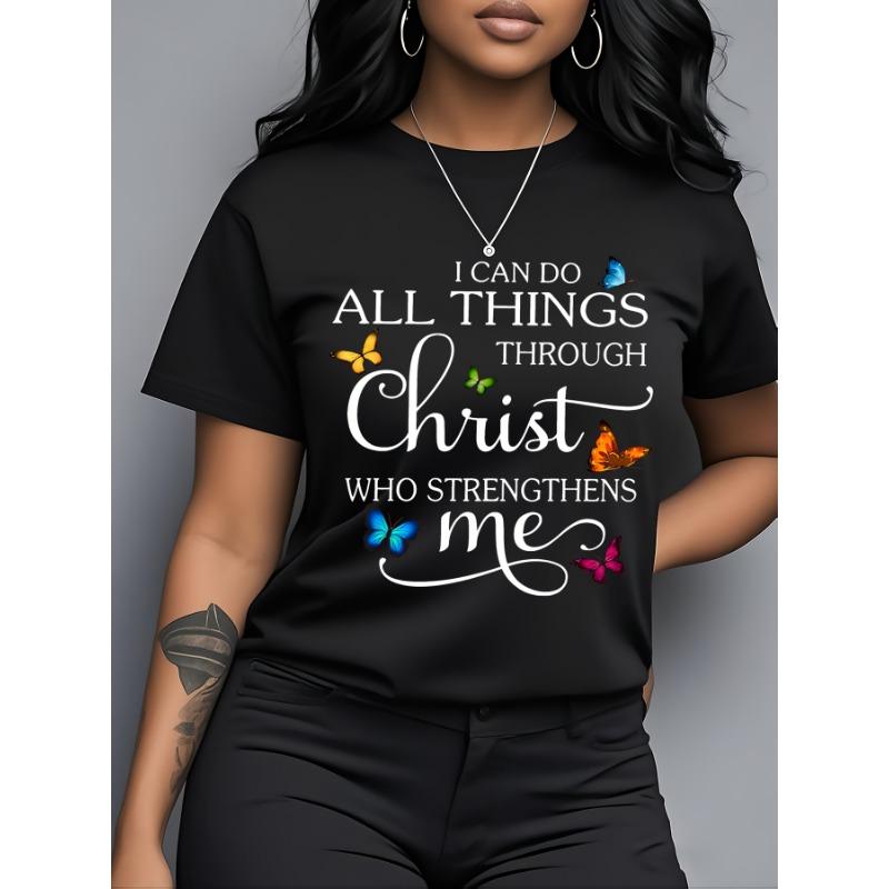 I Can Do All Things Through Christ Women's Tee - Butterfly Christian Graphic, Casual Pink Top