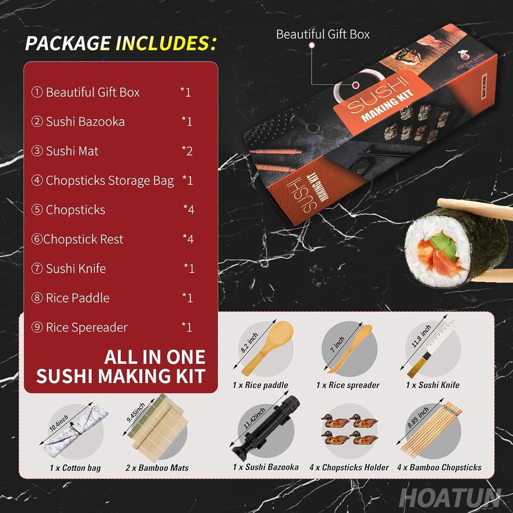 Sushi Making Kit, Sushi Making Mold for Beginners, Professional Home Sushi Maker, Sushi Rolling Machine with Sushi Roller Bazooka, Sushi Mat,