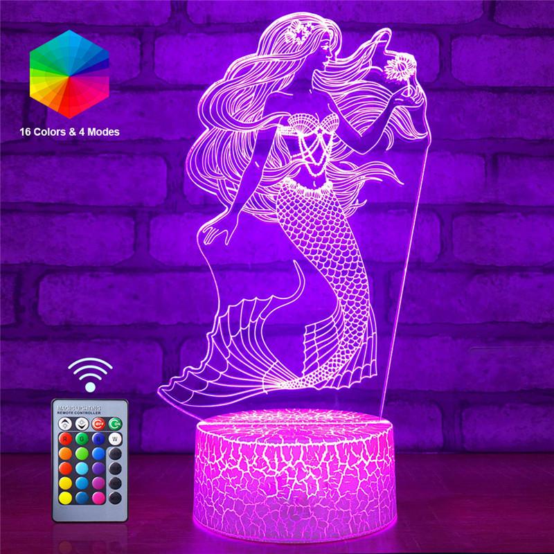 3D Mermaid Princess LED Night Light Remote 16 Color NightLight Bedroom