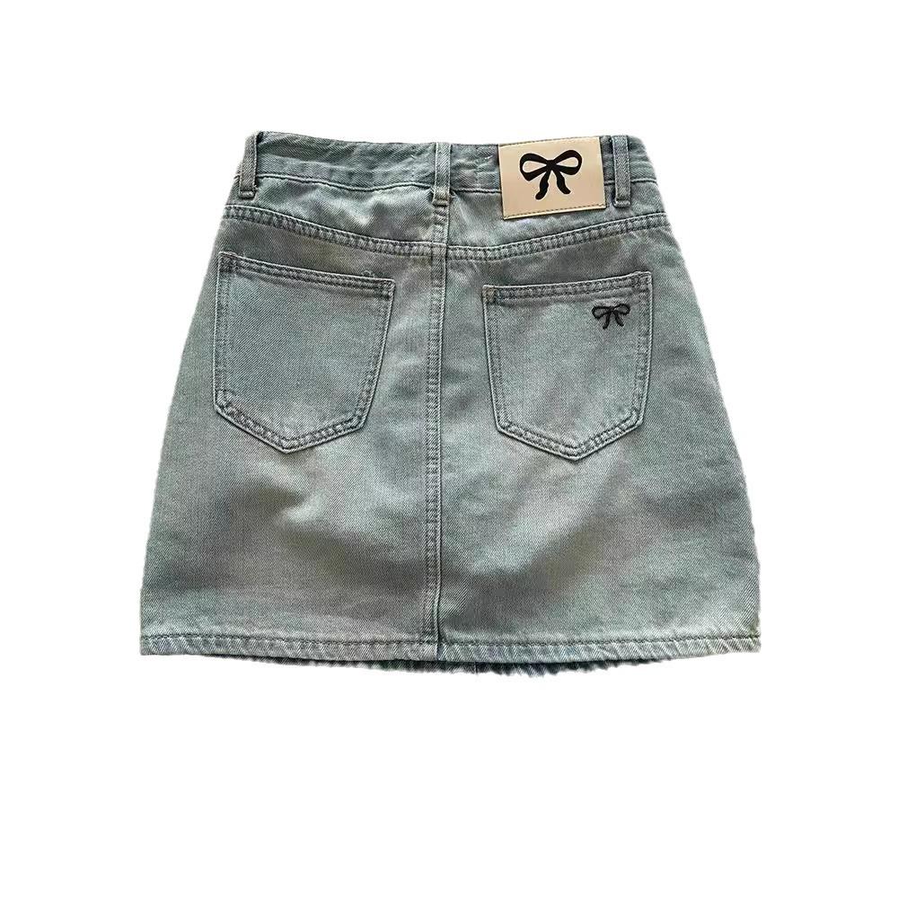 Women's 2024 Summer High-Waisted Slimming A-Line Denim Mini Skirt with Ripped Detail