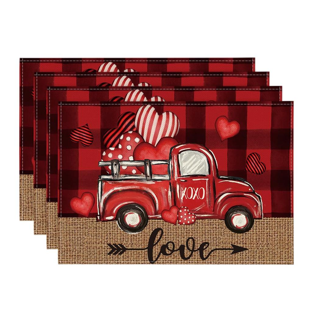 Valentine Placemats Set of 4, 12x18 Inch Black Red Buffalo Plaid Hearts Truck Love Table Mats for Party Kitchen Dining Decoration