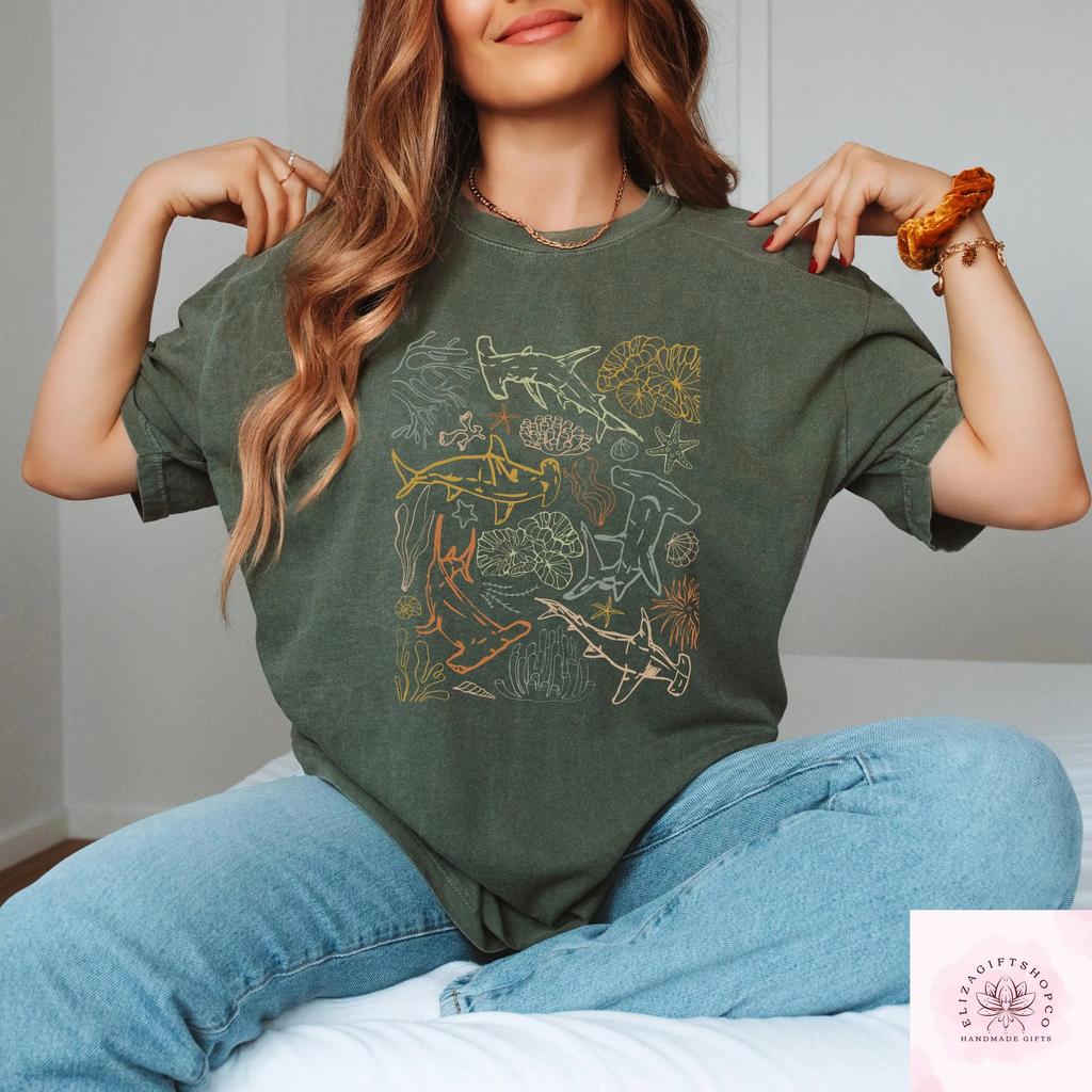 Vintage Comfort Shark Boho Shirt Marine Biologist Gift Ocean Lover Tee Cotton Short Sleeve Unisex Y2K Casual Shirt Streetwear