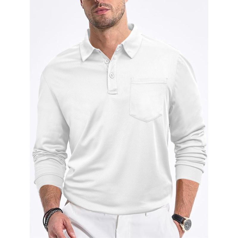 Men's Casual Loose Button Placket Solid Color Long Sleeve Mesh Lapel Men's Polo Shirt Shirt