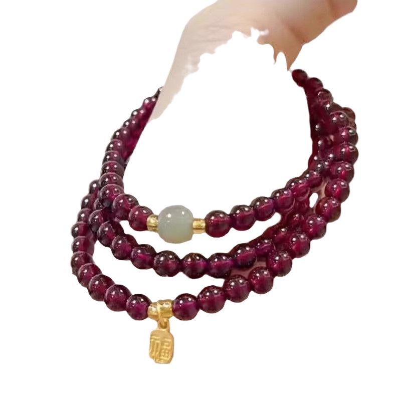 Brățară Damă Multi-Tur Rubin Burgund & Jad Hetian - Cadou Stil Chinezesc Nou