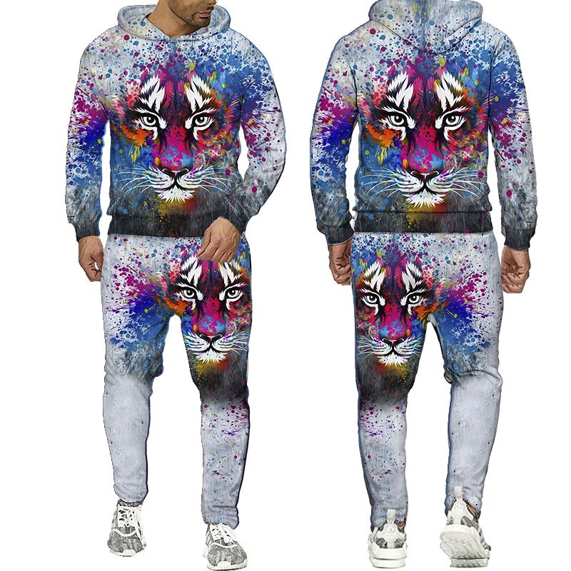 Мужской свитшот с 3D принтом «Тигр», комплект с капюшоном, спортивный костюм «Лев», пуловер, брюки, спортивная одежда, осенне-зимний мужской костюм