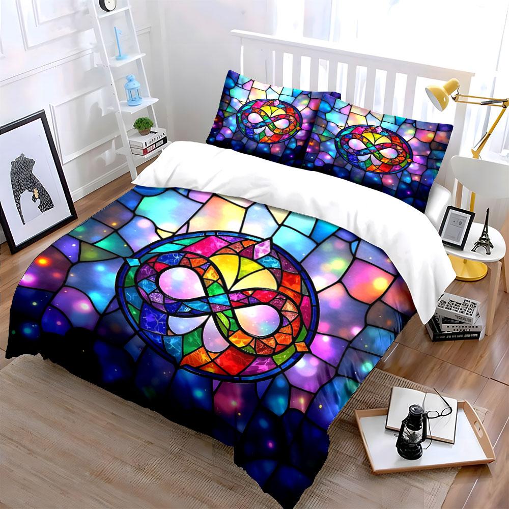 Colorful Stained Glass Art Decor Bedding Set with 1 Duvet Cover 2 Pillowcases Single Double King Queen, Gift